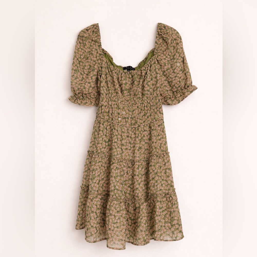 Matix Clothing Company Olive Green Floral Puff-Sleeve Mini Dress